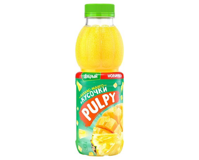 Новый Pulpy «Ананас-Манго» с кусочками ананаса, Новый Палпи «Ананас-Манго» с кусочками ананаса, Новый дизайн редизайн Pulpy «Ананас-Манго» с кусочками ананаса состав цена стоимость пищевая ценность объем упаковка Россия 2018