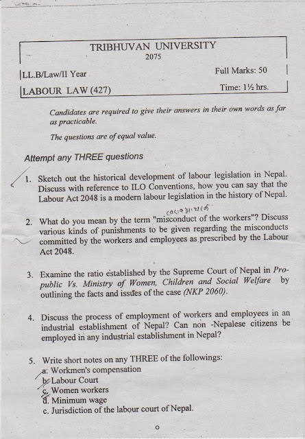 Labour Law, Question Paper, LLB II year - 2075