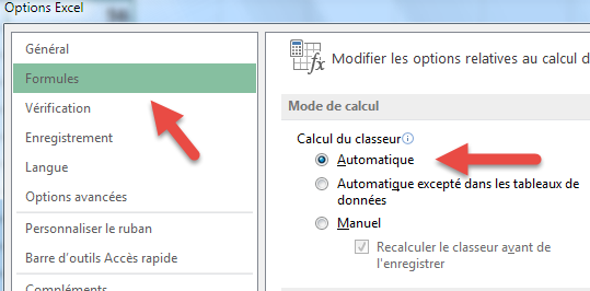 Calcul de classeur automatique activé