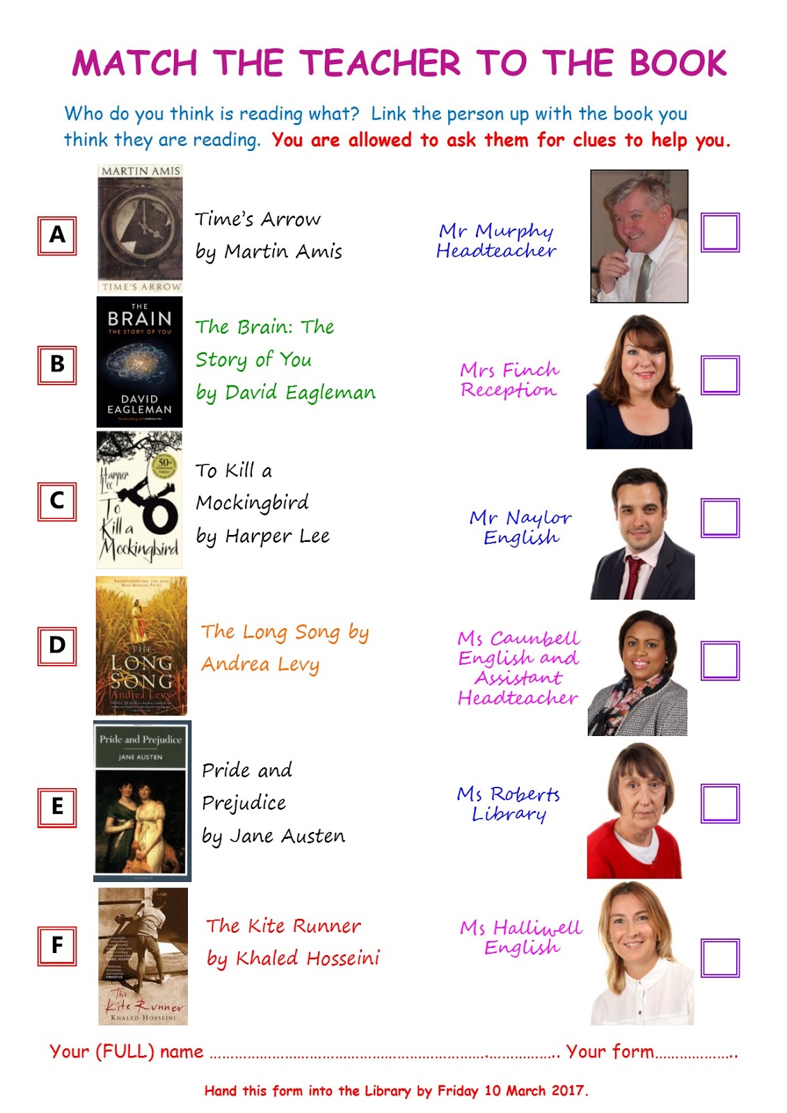 Ravensbourne School Library World Book Day 2017 Library Competitions