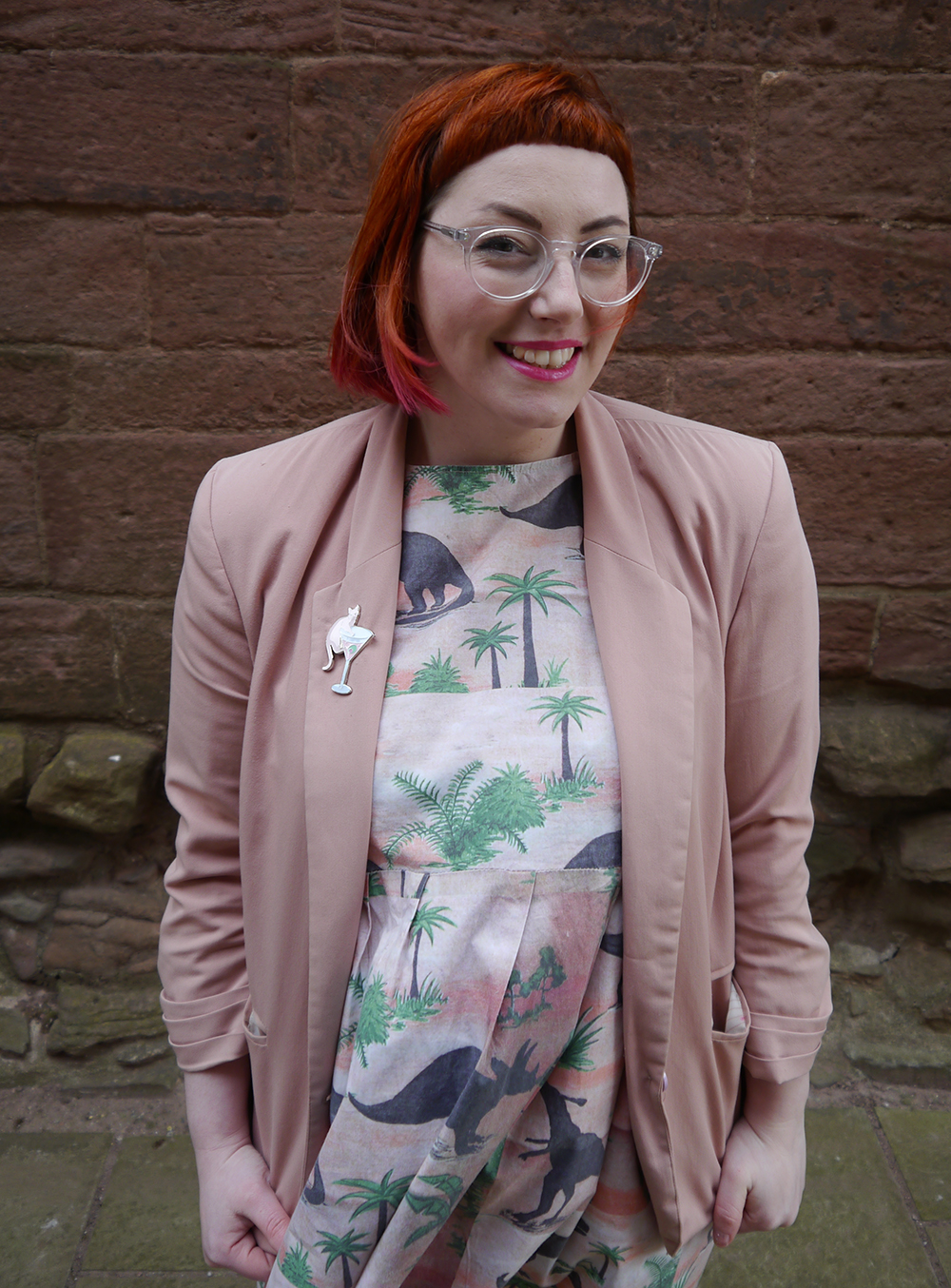 Styled by Helen, Scottish Blogger, red hair, red bob, Fashion Blogger, Dinosaur dress, dinosaur party, dinosaur style, pink outfit, Vintage Style Me, Vintage Style Me dinosaur dress, pink blazer, ASOS pink pom pom shoes, Karen Mabon x Lucky Dip CLub, Cat and cocktail brooch, Iolla glasses, subtle dip dye hair, pink and red hair, #seewithiolla