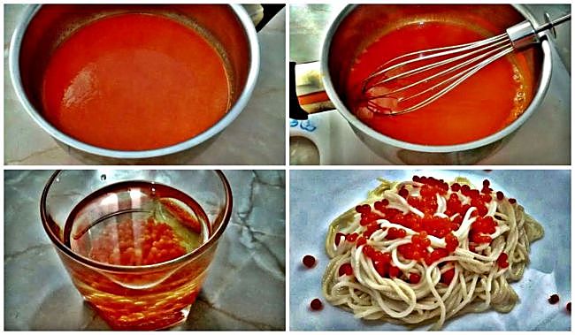 Preparación del falso caviar de pimiento asado