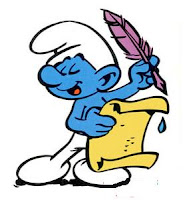 Blue poet smurf with feather and paper