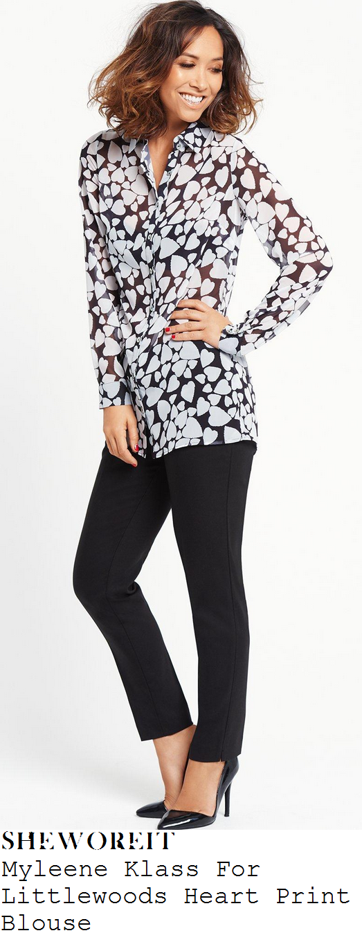 myleene-klass-black-white-monochrome-heart-print-long-sleeve-button-up-sheer-blouse myleene-klass-black-white-monochrome-heart-print-long-sleeve-button-up-sheer-blouse