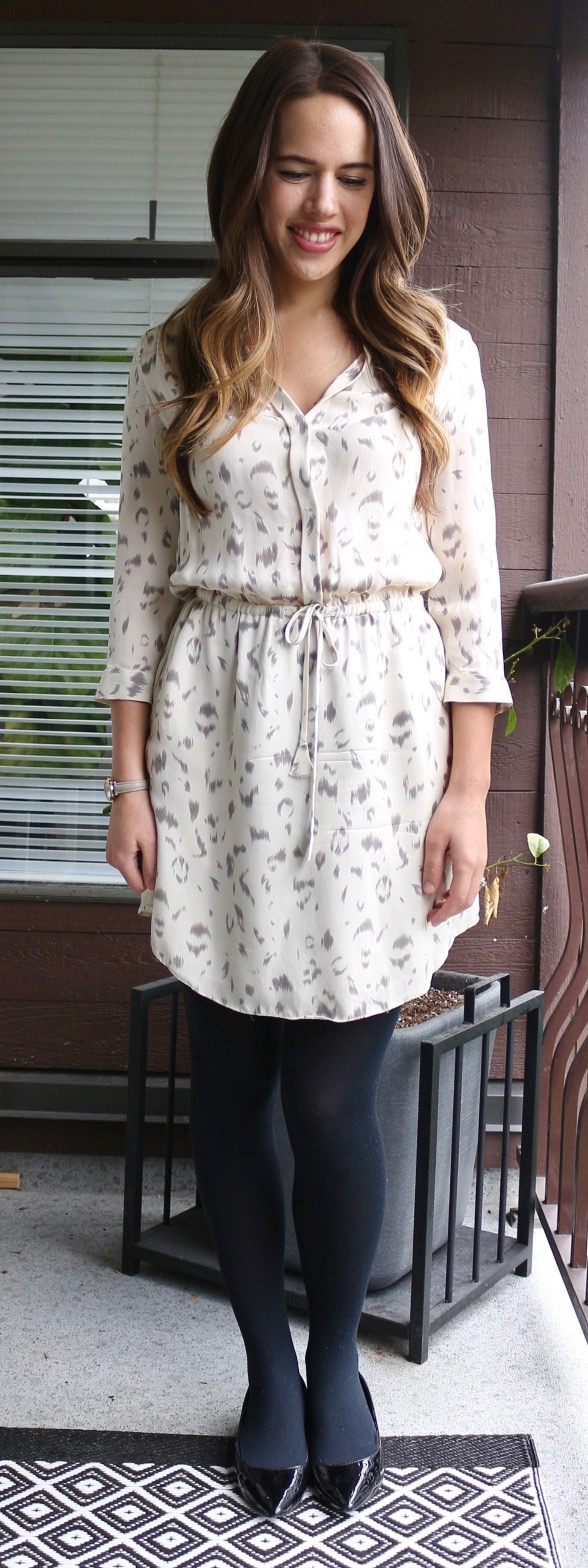 Jules in Flats - Snow Leopard Silk Shirt Dress Spring Outfit (Artizia Babaton "Bennett" Dress)