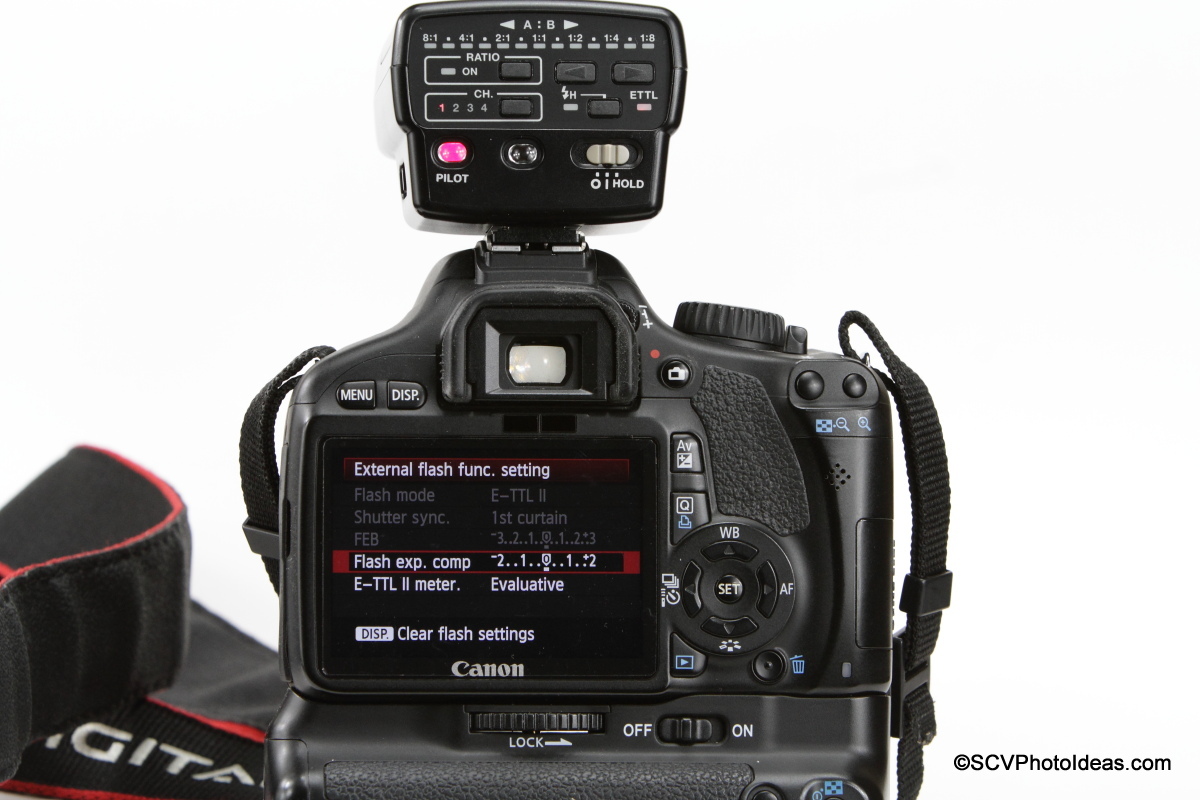 Canon Speedlite Transmitter ST-E2 on camera with flash menu