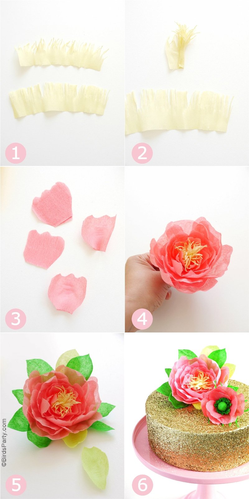 DIY Paper Flower Cake Toppers - easy and pretty decor craft to make to embellish simple birthday, wedding, bridal or baby shower cakes! by BirdsParty.com @birdsparty #diy #crafts #papercrafts #paperflowers #crepepaper #diyflowers #diypaperflowers #weddingflowers