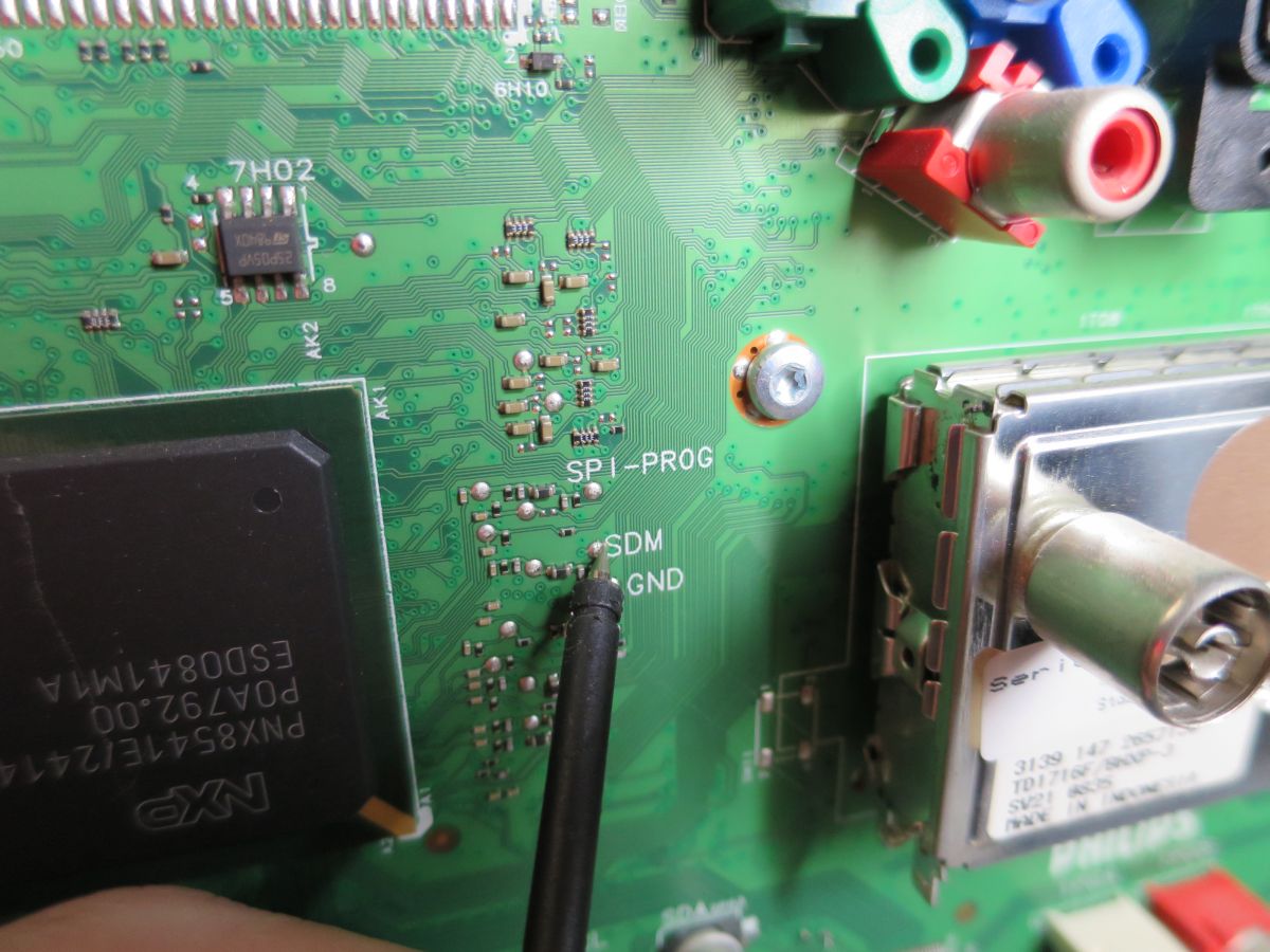 First thing to do with a dead Philips is to activate the SDM (service  default mode). This is done by shorting the SDM point on the main board to  ground: