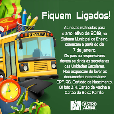 Castro Alves: Matrículas para novos alunos da rede municipal começam em Janeiro
