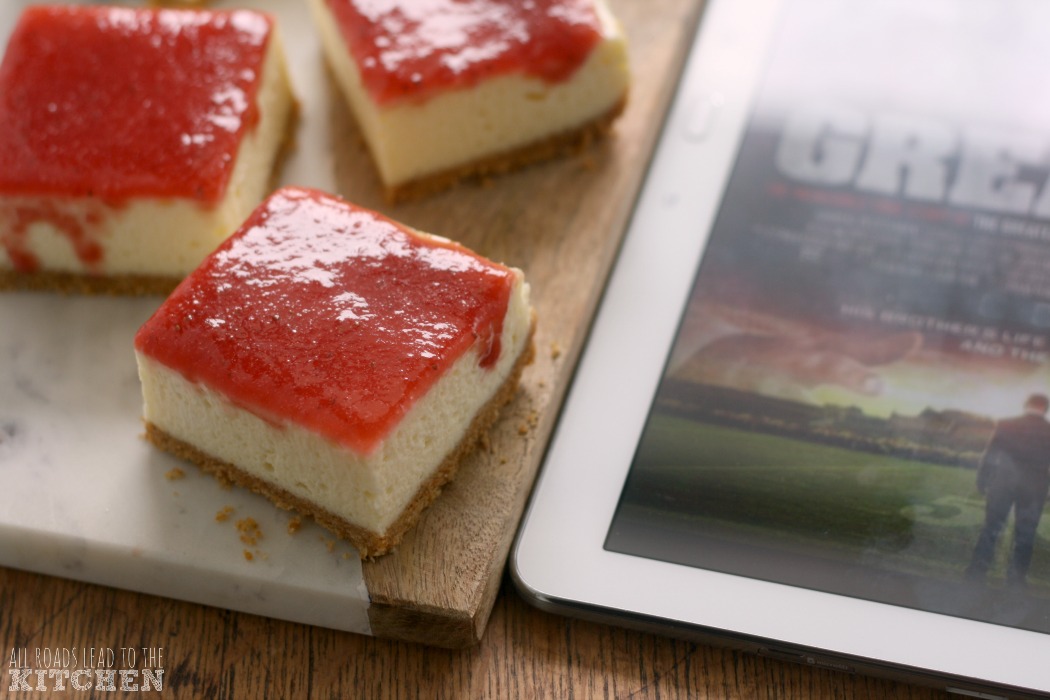 Strawberry Cheesecake Bars inspired by #GREATERmovie