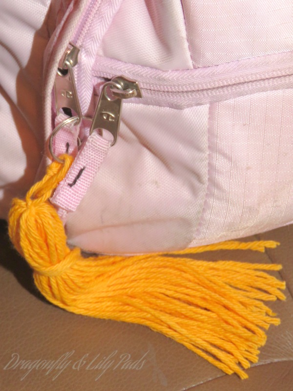 Tassel in popular school color gold on pink back pack. Tutorial on Dragonfly & Lily Pads