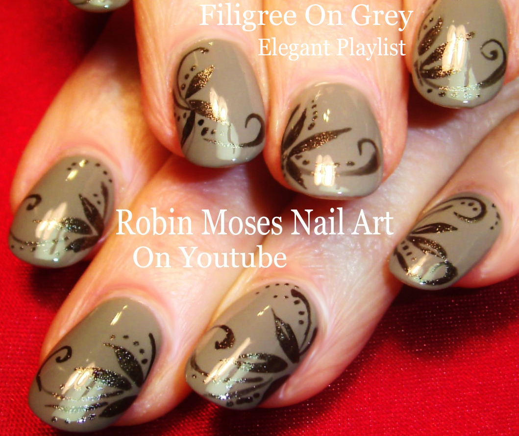 Nail Art by Robin Moses Vintage Grey Nails. Black White and Gray mix