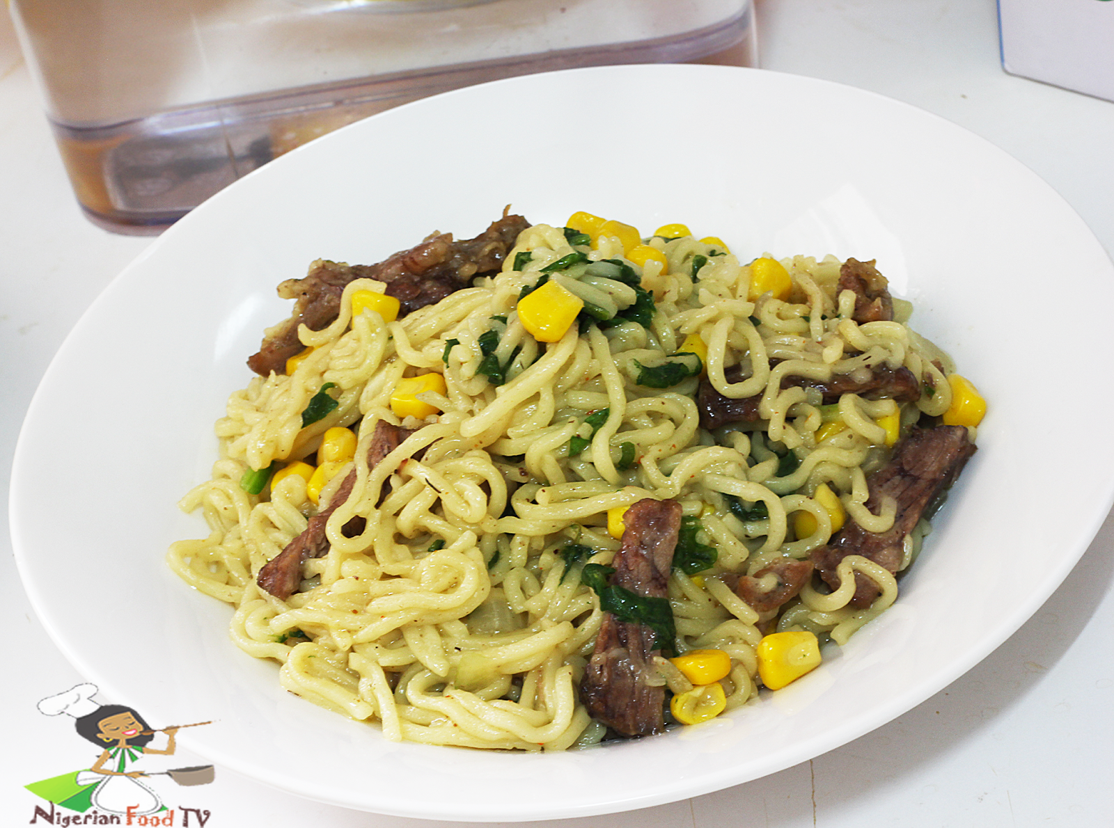 Spinach-Sweet Corn and Beef Noodles