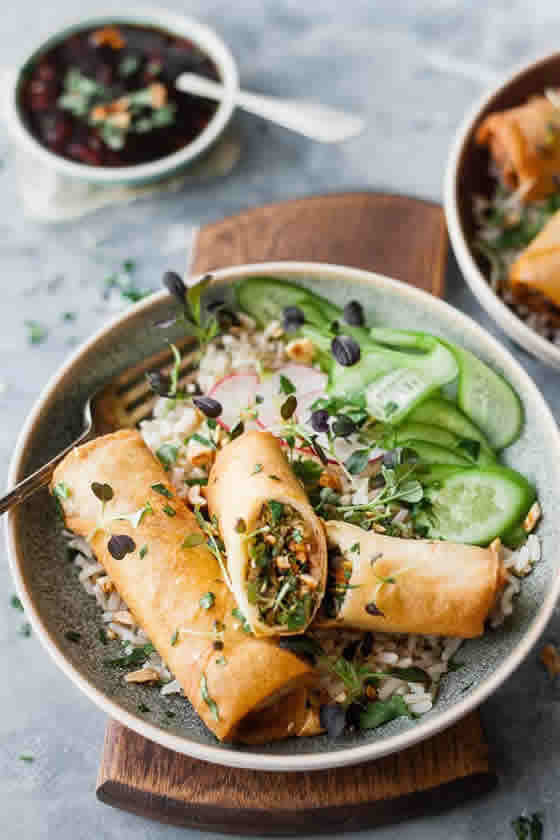 Easy Vegetable Spring Rolls Bowls with Easy Dipping Sauce