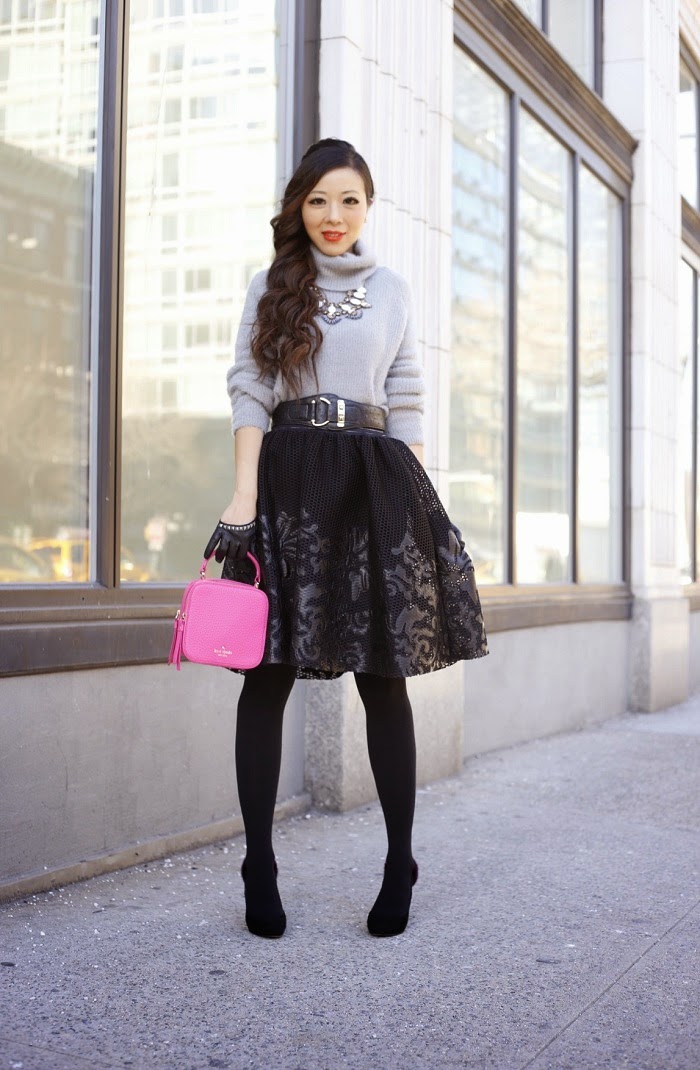 Sam Edelman Mesh Skirt with Floral Applique, Christian Louboutin heels, red sole, kate spade mini bobi bag, hot pink, winter datenight outfit ideas, valentines day outfit ideas, cheap monday turtleneck sweater, baublebar statement necklace, Baublebar 360 pearl studs, asos gloves, daniel wellington watches, nyc, new yorker, fashion blog, winter outfit ideas, mini bag, trends