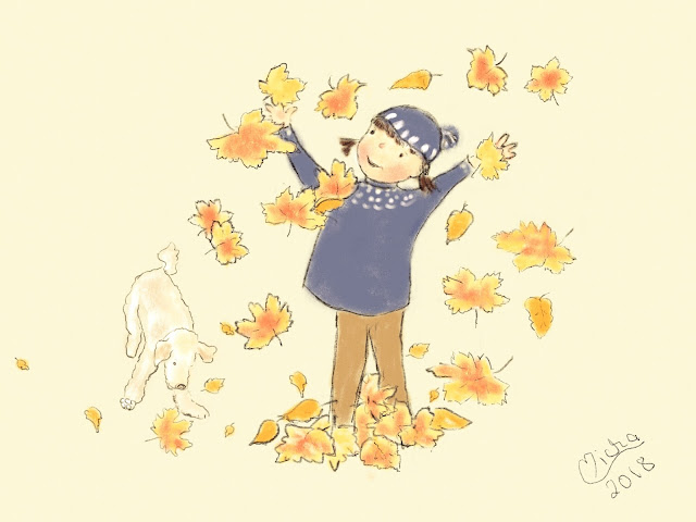 Illustration von einem Mädchen, das Herbstblätter hochwirft. Ein kleine weißer Pudel versucht sie einzufangen.