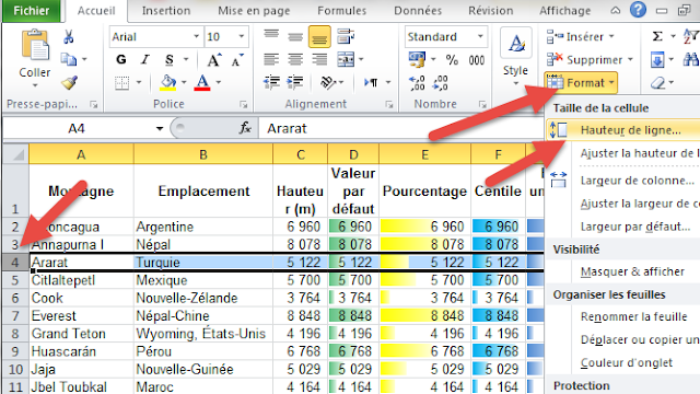 Masquer une ligne Excel - Hauteur de ligne