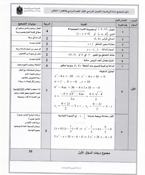 نموذج اجابة امتحان الرياضيات للصف العاشر فصل أول 2020 مذكرة دوت كوم