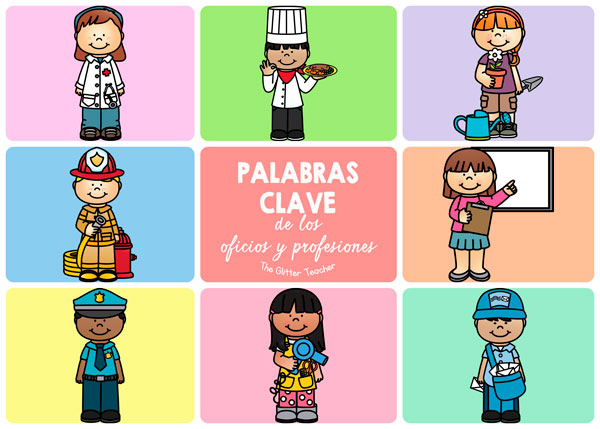 8 palabras clave del vocabulario clave de los oficios y profesiones: chef, doctor, firefighter, gardener, hairstylist, mail carrier, police officer y teacher.