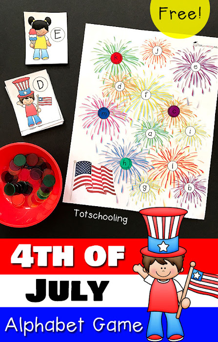 FREE printable 4th of July Alphabet game for preschoolers to practice letter recognition and letter cases. Fun patriotic game perfect for toddlers and preschool around Independence Day or Memorial Day!