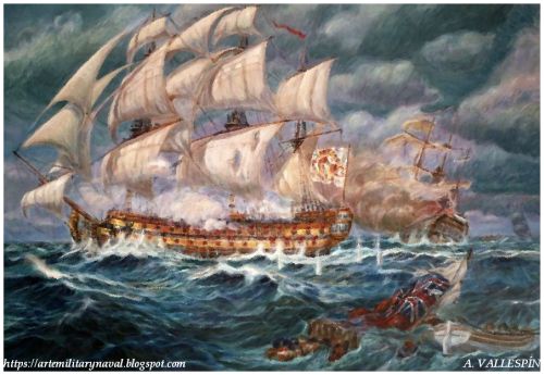 Oleo sobre lienzo del barco Español "El Gloriosos" hundiendo una fragata inglesa