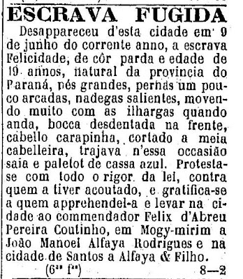Anúncio classificado de escrava fugida em 1883 no interior de São Paulo.