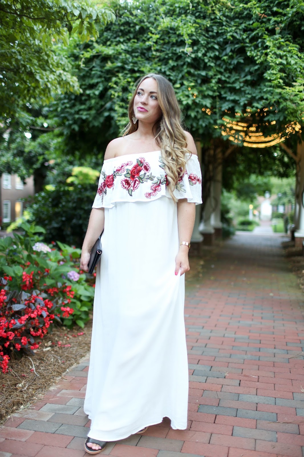 Flowing White Off Shoulder Embroidered Maxi Dress