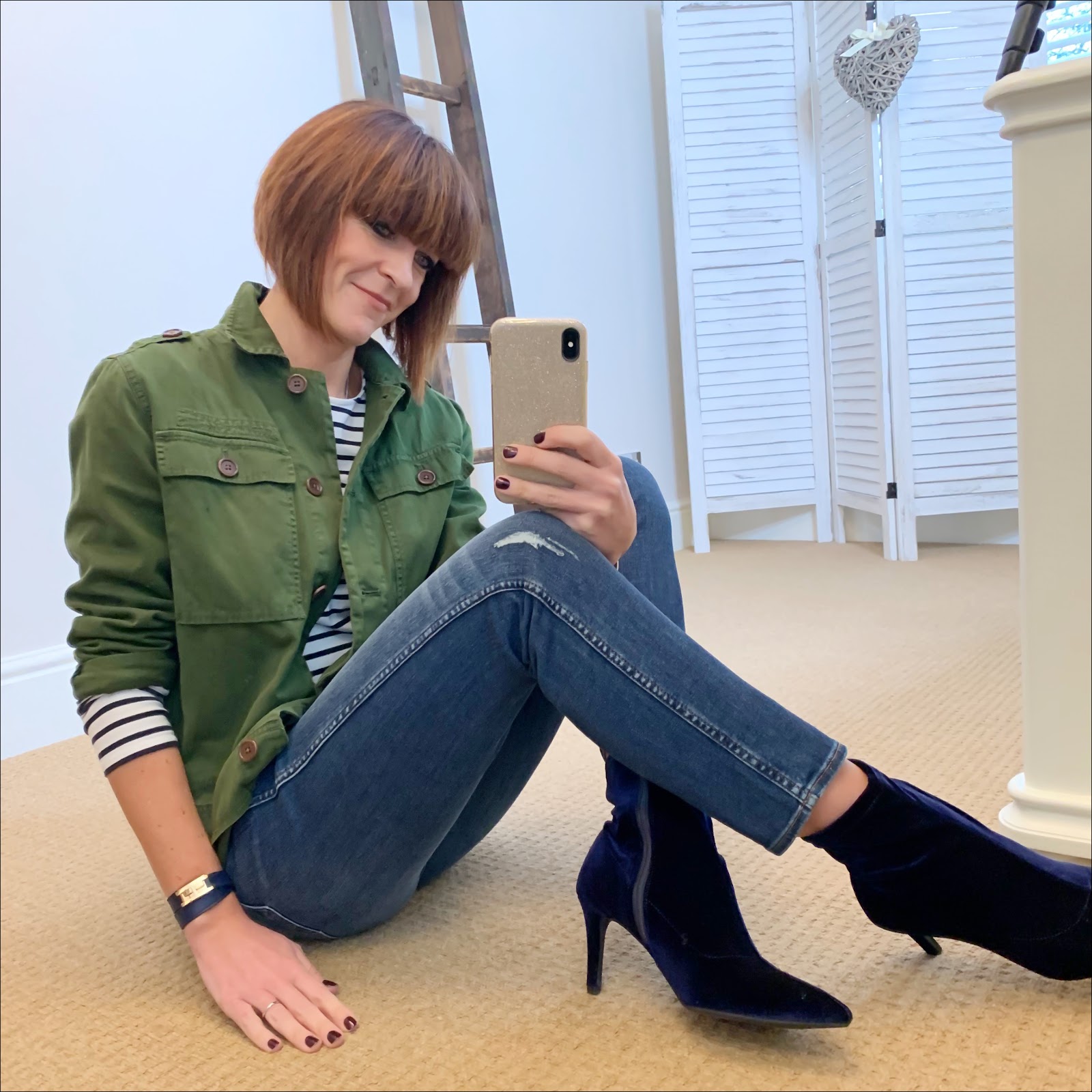 my midlife fashion, j crew overshirt, the white company long sleeve breton top, j crew vintage straight jean in rip and repair, marks and spencer velvet stiletto heel ankle boots