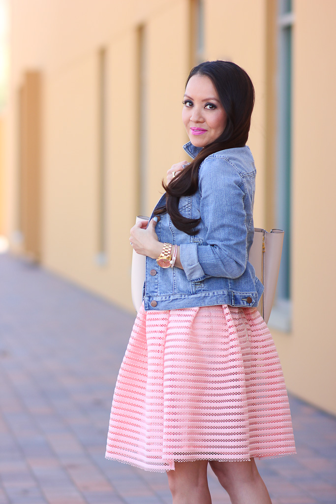 Ann Taylor signature pebbled tote BP leaf necklace BP luminate nude sandals Chicwish glam stripes cutout midi skirt in peach Loft petite denim jacket Loft scalloped lace tee peach flare skirt petite spring outfit Ily Couture double wrap pearl bracelet