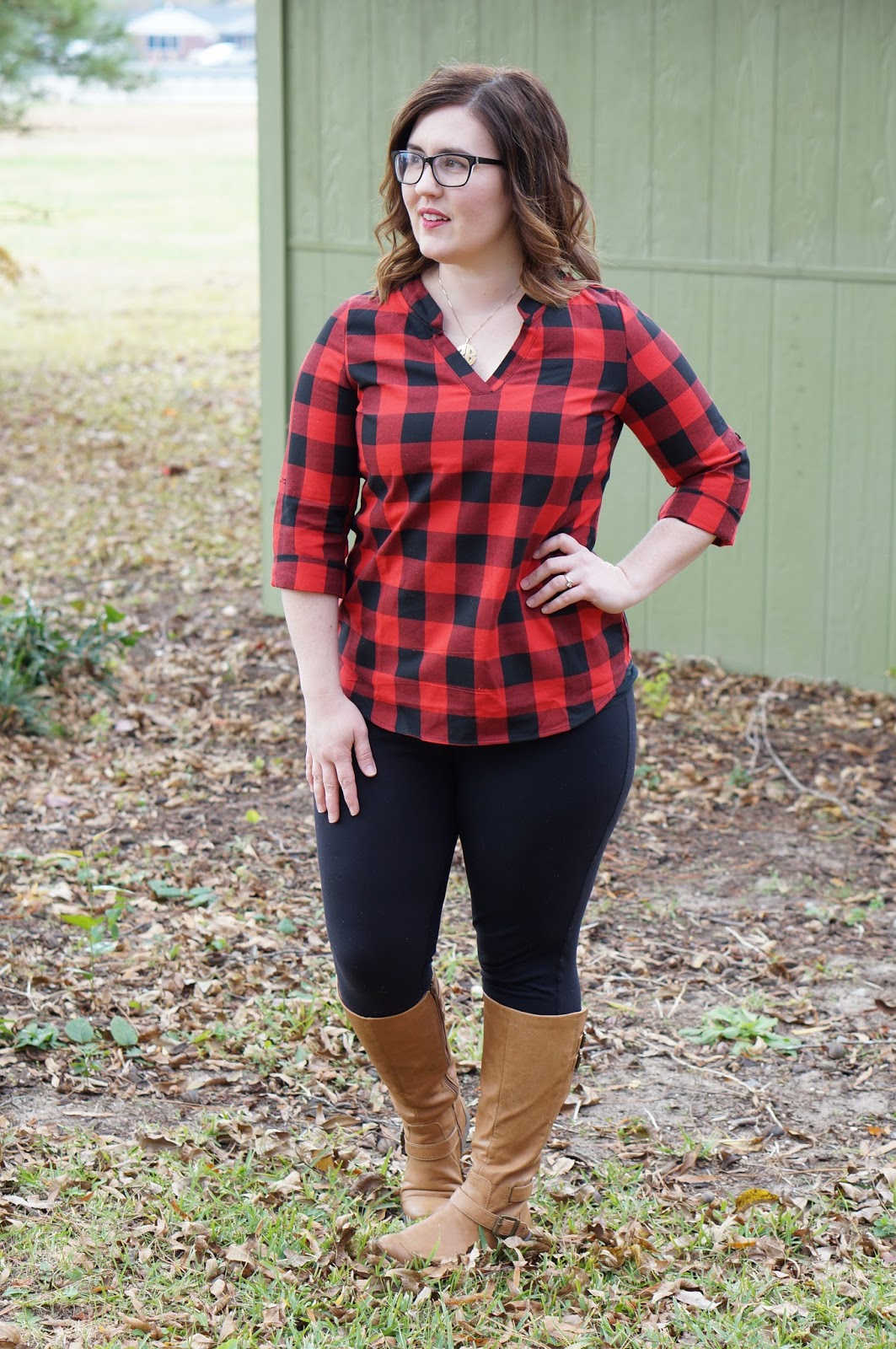 Rebecca Lately Dress Lily Buffalo Plaid Top Cory Vines Leggings Bare Traps Boots ONecklace Necklace
