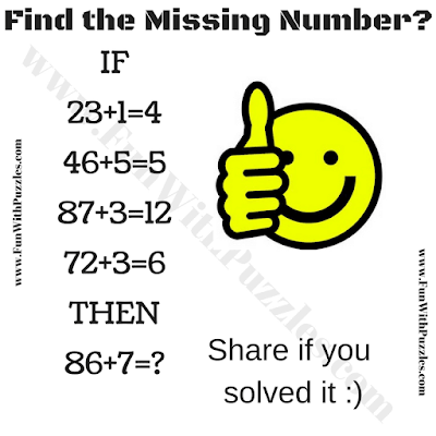 If 23+1=4, 46+5=5, 87+3=12, 72+3=6 Then 86+7=?. Can you solve this Interesting Fun Maths Logic Question for Teens?