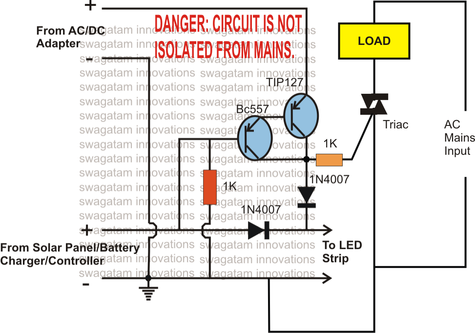 Solar Battery Charger, AC/DC Adapter Changeover Relay Circuit Diagram