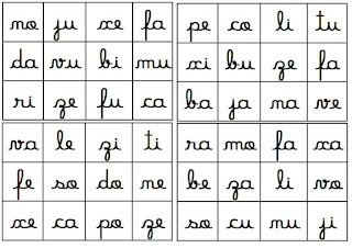 bingo silabas simples letra cursiva