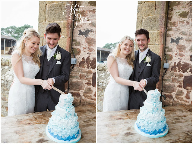 curiously wicked, blue ombre wedding cake, ombre wedding cake, rainy wedding, high house farm brewery, northumberland, high house farm wedding, katie byram photography, healey barn, newcastle wedding photographer, coco luminaire