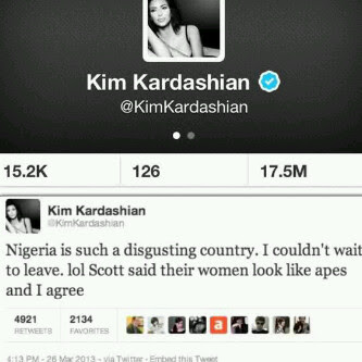 Kim Kardashain Tweets that Nigeria is digusting.