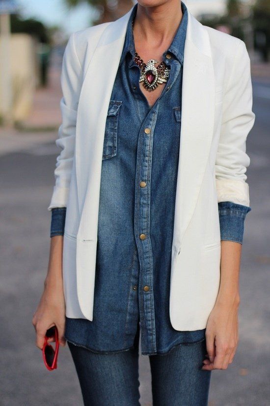 Fashion trends Denim shirt over denim with statement necklace and