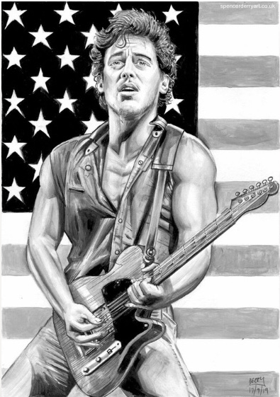 Original Art - The Boss by Spencer J. Derry. Bruce Springsteen & Fender Guitar - Black and White Portrait Illustrative Drawing.
