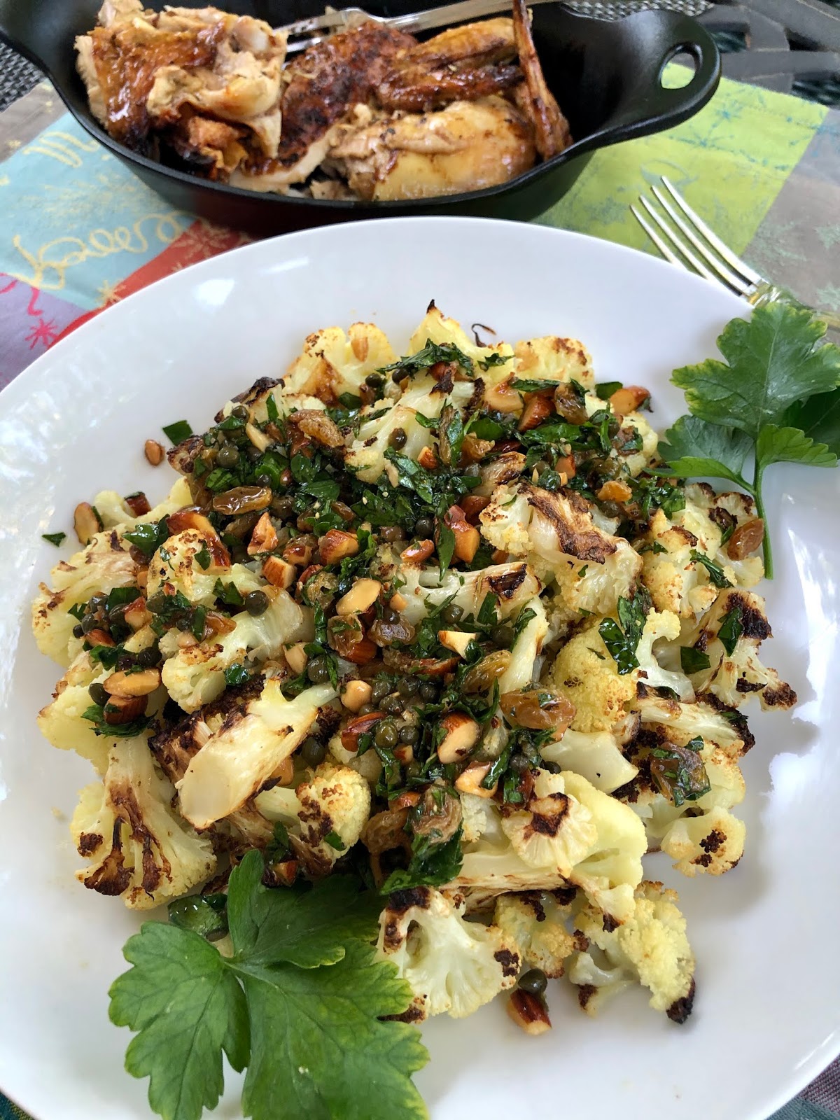 Roasted Cauliflower w/ Caper Raisin Nut Relish