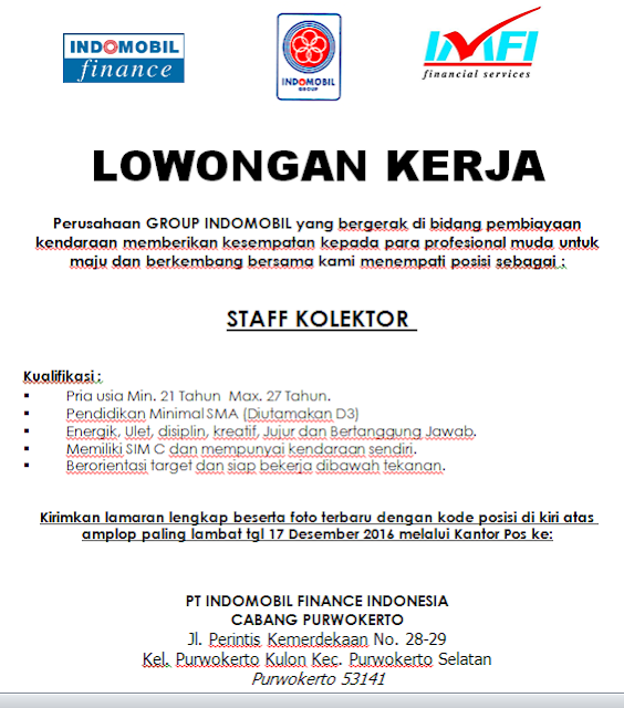 Loker PT Indomobil Finance Purwokerto | Loker Satria