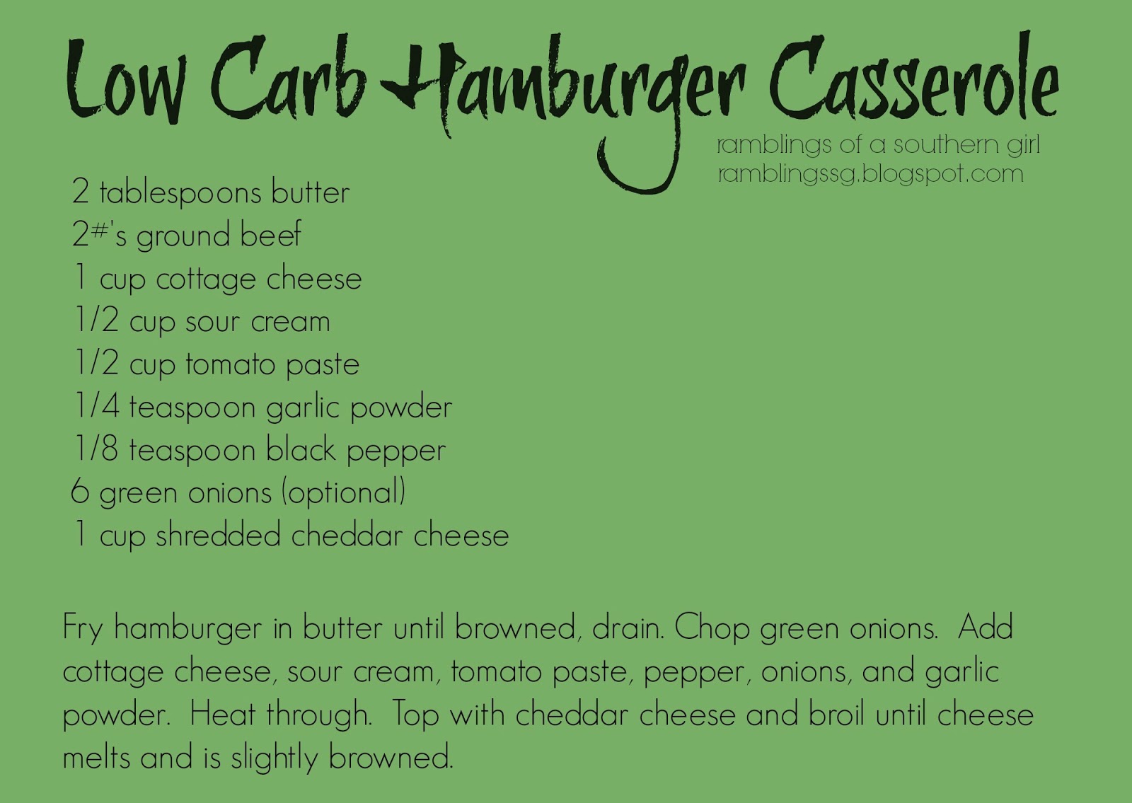 Ramblings of a Southern Girl: Low Carb Hamburger Casserole Even Your