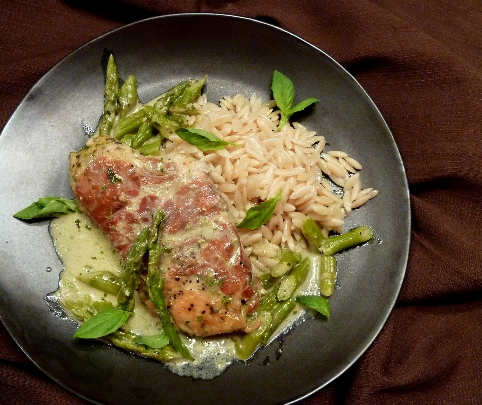 Cracked Pepper ProsciuttoWrapped Chicken with Asparagus Pesto Sauce