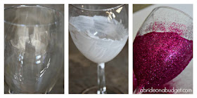 #ad Looking for a sparkling DIY? Check out these glitter wine glasses -- with an added sparkling juice -- from www.abrideonabudget.com. #dollartree
