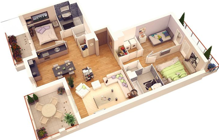 Denah Rumah Minimalis 3 Kamar Tidur 3D Denah Rumah Minimalis 3 Kamar Tidur 3D