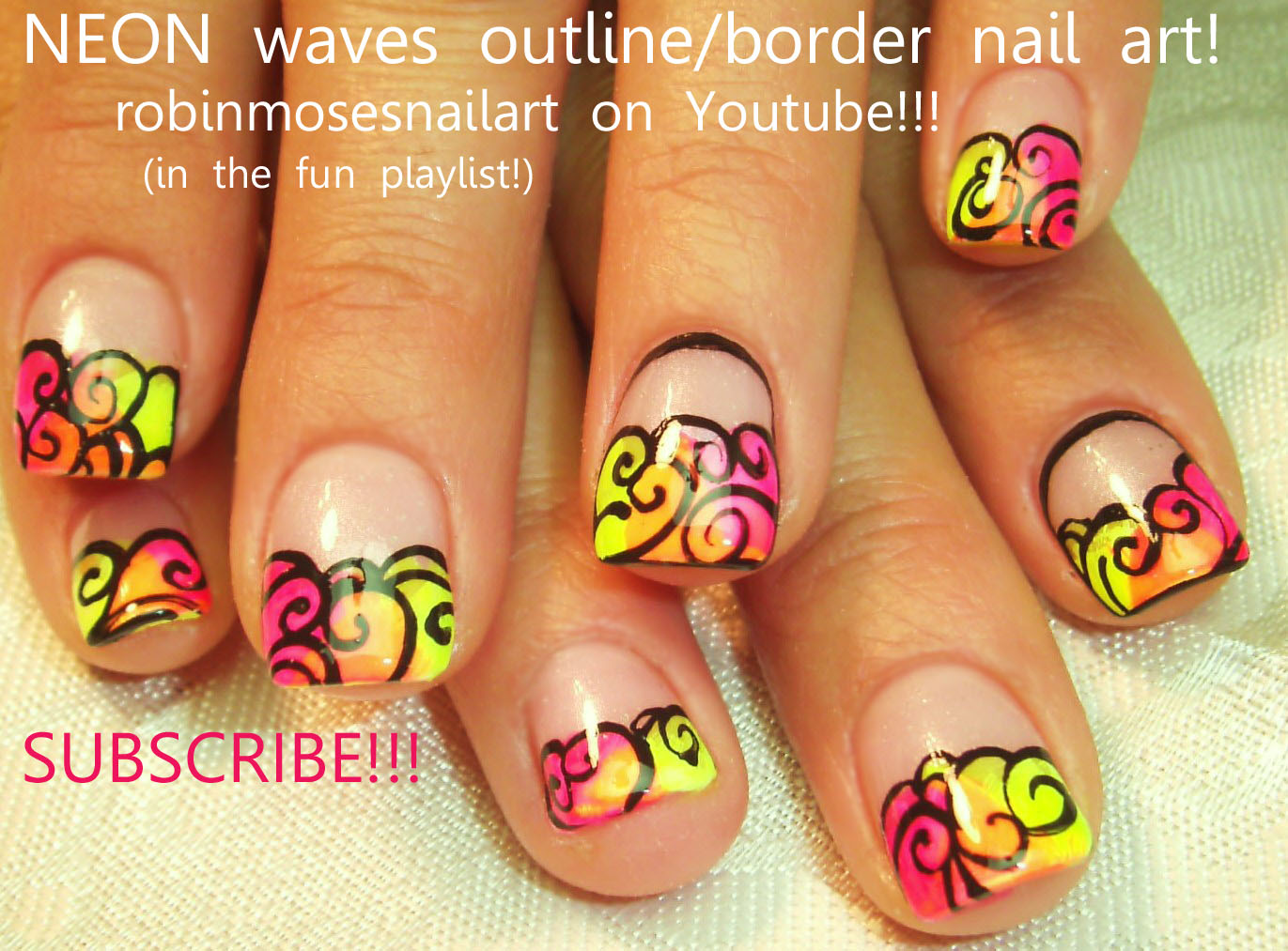 Nail Art by Robin Moses neon nails, neon pink nails, outline/border