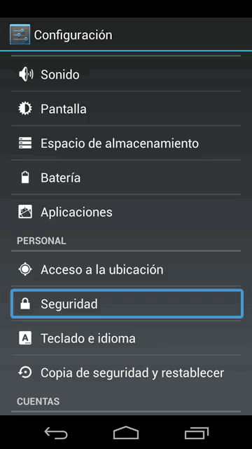 Pantalla de configuración del sistema de Android