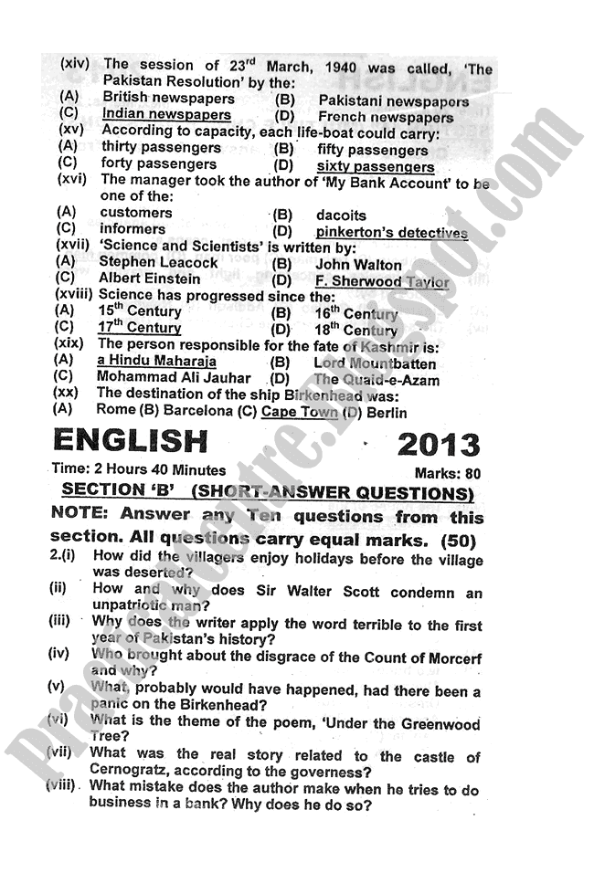 English-2013-five-year-paper-class-XI