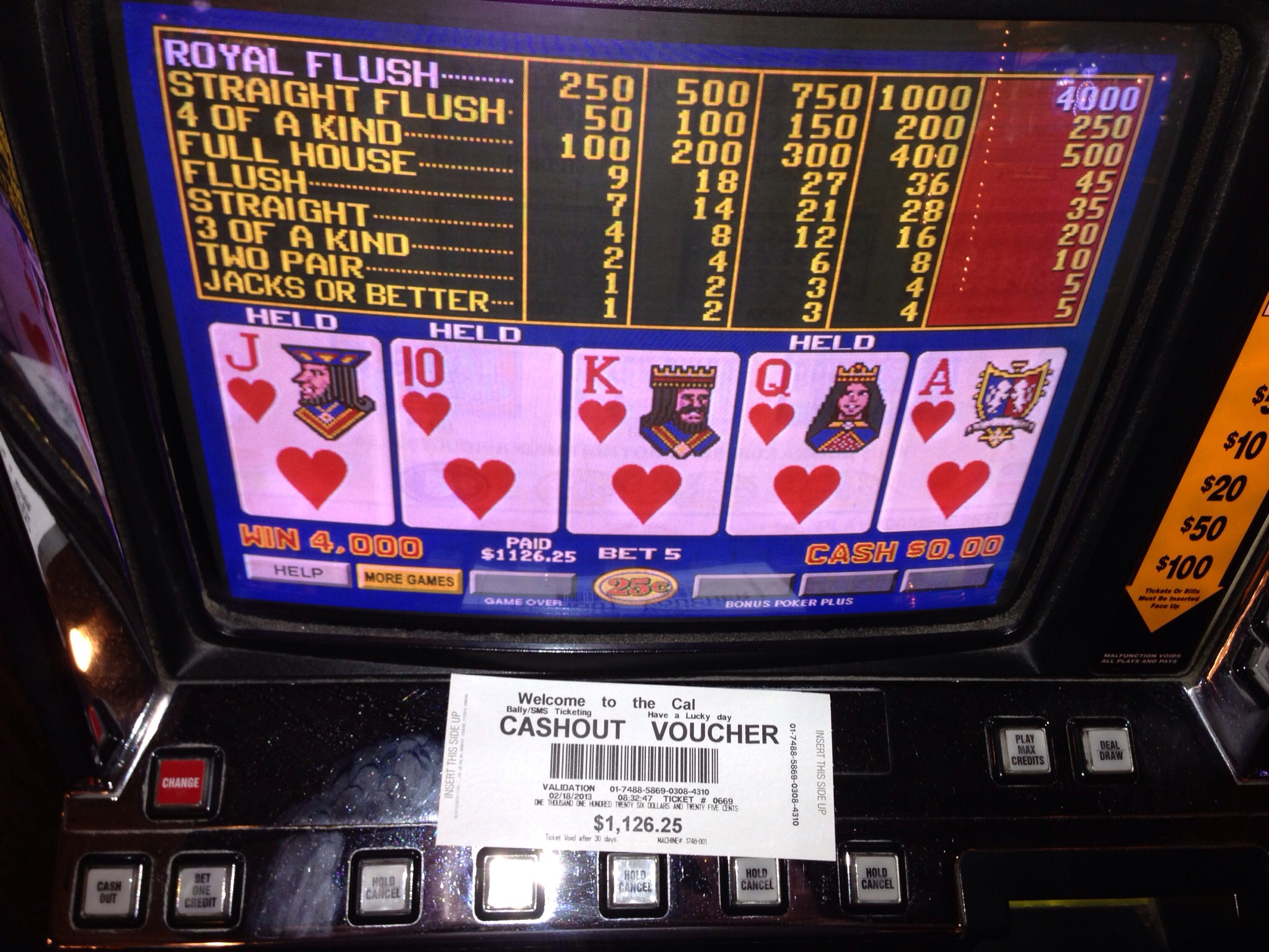 Video Poker Royal Flush at the California Casino and Hotel