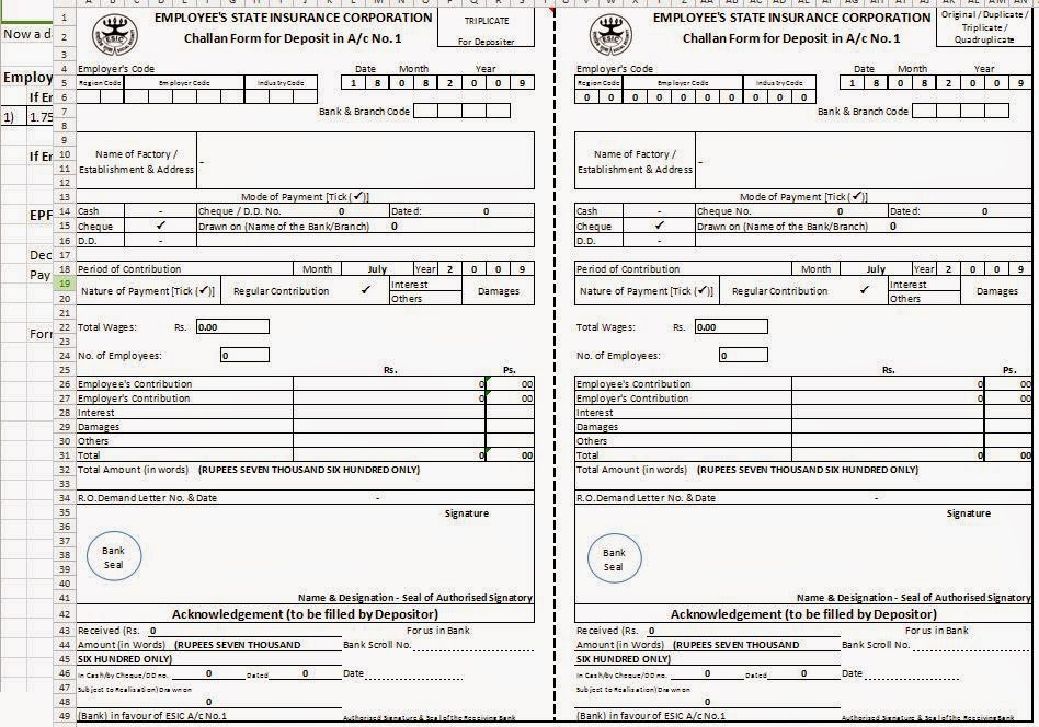 ESIC Deposit Challan Form in Excel Format