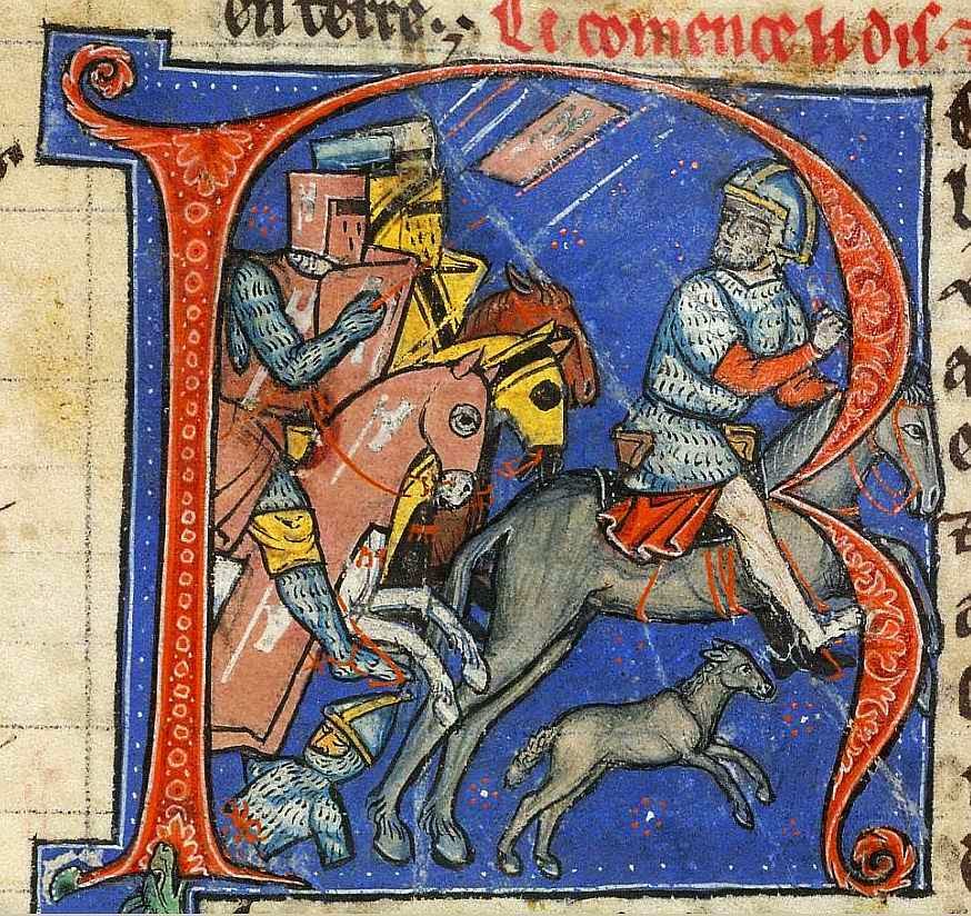 Nur al-din, Sultão de Damasco, foge num animal de carga dos cavaleiros Godfrey Martel e Hugh de Lusignan o Velho