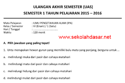 Soal UAS IPA Semester 1 Kelas 6 SD Tahun 2015